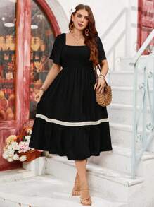 SHEIN Clasi Vestido sin mangas con cuello cuadrado, con volantes y empalmes para mujer talla grande - Negro - Ver 4