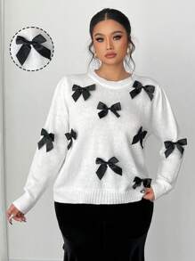 SHEIN Unity Plus Size Women's Bow Knot Pullover Long Sleeve Sweater Knit Pullover Fall Winter Sweater - White - View 1