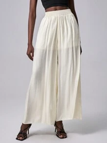 Chiquease 雪纺透明宽松阔腿裤裙，高腰褶皱阔腿裤，需熨烫，新款优雅造型 - 杏色 - 查看 4