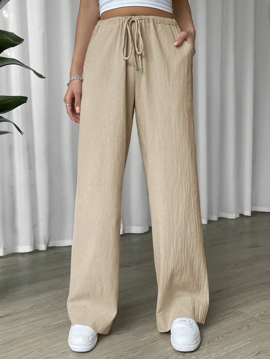 Muchica 女士纯色前系带口袋简约休闲长裤，日常穿着