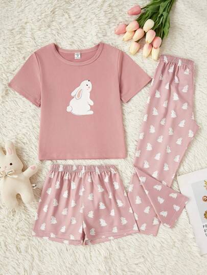 3pcs/Set Cute Girls Young Girl Rabbit Printed Short Sleeve Top, Pants And Shorts, Comfortable Casual Sleepwear Set