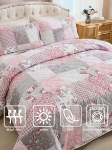 3pcs Floral Print Polyester Boho Vintage Style Bedspread Set, Includes 1 Bedspread & 2 Pillow Shams, Suitable For Home Bedroom, All Season Decor, Bedroom Setting