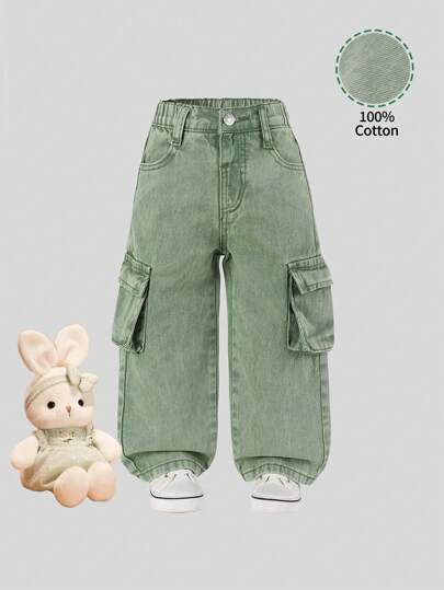 SHEIN Young Girl' Retro Street Style Casual Straight-Leg Denim Cargo Pants, School, Campus, College