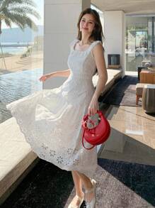 DAZY 女式荷叶边领刺绣中长连衣裙太阳裙