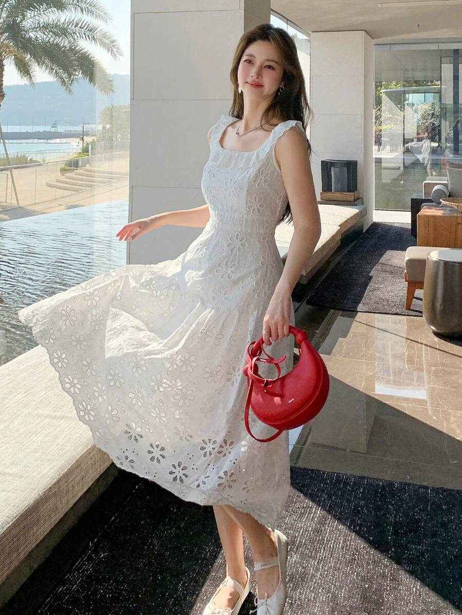 DAZY 女式荷叶边领刺绣中长连衣裙太阳裙