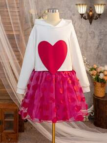 Tween Girls Heart Print Short Long Sleeve Sweatshirt And Puffy Heart Skirt Set, A Charming And Childrenswear Combination. It Is Suitable Not Only For Special Occasions But Also For Everyday Wear. Wearing This Set, Little Girls Can Showcase Their Sweetness And Cuteness, Becoming The Focus Of Attention.