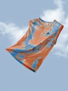 SHEIN Áo tank top cổ tròn vai rộng, phong cách tối giản thường ngày cho bé trai, kiểu dáng nghỉ dưỡng, họa tiết cây dừa, nhuộm tie-dye, cây nhiệt đới, thích hợp cho bãi biển và đồ bơi, phù hợp cho mùa hè. - Nhiều màu - Xem 2