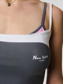 SHEIN Unity Summer New York Logo Print Contrast Double Layered Camisole - Grey - View 6