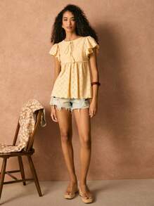 Poéselle Damen Bluse mit Blumenstickerei, Fransen-Schlupfkragen und Rüschenärmeln