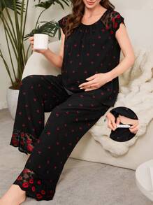 Moonlight&Mama 红色樱桃图案蕾丝拼接樱桃印花孕妇睡衣套装 - 上衣和裤子假日季节