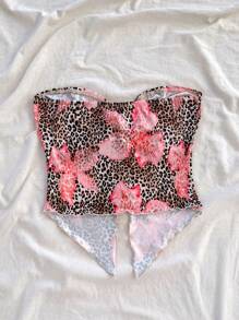 Soleia 女士花卉印花露肩前开衩下摆舒适衬衫，适合下午茶时间或秋冬季休闲穿着 - 棕色 - 查看 2