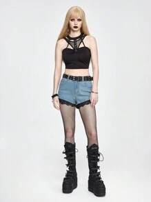 ROMWE Goth Women's Spider Web Pattern Belted Pocket Denim Shorts, Fashionable And Versatile - Blue - View 6