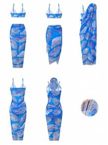 SHEIN Swim Curve Summer Plus Size 3Pcs Women's Adjustable Strap Bikini Set, Random Printed Cover Up, Ocean Shell Metal Accent, Casual Beach Holiday