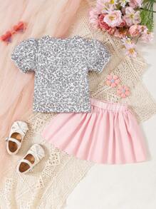 SHEIN 2 pièces Ensemble de tenues assorties pour bébé/bébé fille: Top à manches lanternes avec col, volants et boutons & Jupe à taille élastique à double couche en tulle, tenue d'été et d'usage décontracté - Rose bonbon - Voir 2