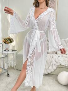 Women's French Romantic Heart Pattern Lace And Mesh Patchwork Flare Sleeve Hooded Robe - White - View 5