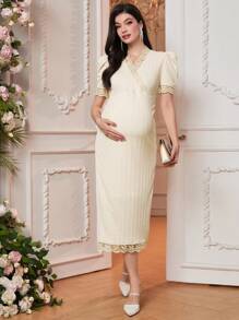 SHEIN Solid Color Lace Trim Belted Maternity Bodycon Dress, Elegant And Gorgeous Dress Without Belt - White - View 4