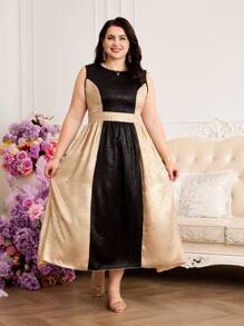 SHEIN Vestido de Veludo Preto e Dourado com Emenda de Plus Size para Mulheres, Gola Redonda, Sem Mangas, Cinto, Bainha em A, Estilo Elegante Adequado para Festa e Ocasiões, Verão (Conjuntos Combinando Mamãe e Eu, 2 Peças Vendidas Separadamente) - Vinho - Visão 5