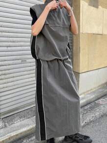 FRIFUL 女士灰色宽松休闲套装，无袖外套和撞色半裙运动套装，夏季女士两件套家居服套装 - 灰色 - 查看 2