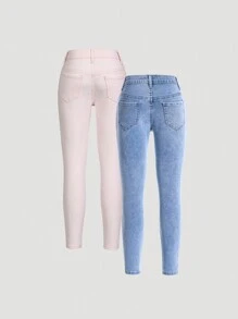 2pcs/Set Girls'' Elastic Denim Skinny Jeans - Multicolor - View 2