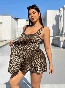 SHEIN EZwear Leopard Print Sleeveless Plus Size Jumpsuit Dress With Built-In Shorts And Pockets, Spring/Summer - Multicolor - View 5