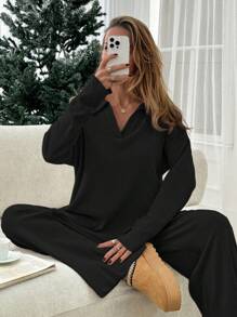 EURMUSE Women's Brushed Ribbed Set, Casual, Chic - Black - View 5