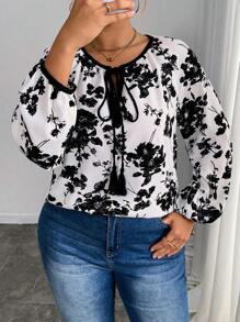 SHEIN LUNE 大码女式纯色花卉印花系带领撞色边灯笼袖休闲度假日常百搭衬衫