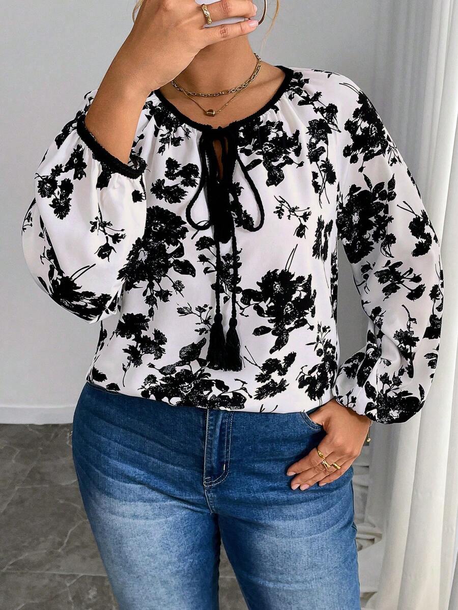 SHEIN LUNE 大码女式纯色花卉印花系带领撞色边灯笼袖休闲度假日常百搭衬衫