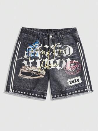 Street Life Shorts vaqueros holgados con bolsillos y parche estampado con letras para hombres