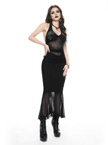 ROMWE Goth Schwarzes Neckholder-Kleid mit transparenten Strass und Falten für Frauen, Konzert-Kostüme, Rave-Kostüme, Karnevals-Kostüme, Country-Konzert-Kostüme, Sommer-Outfits für Frauen - Schwarz - Übersicht 4