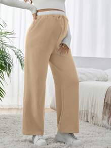 SHEIN 孕妇撞色腰带口袋阔腿休闲裤 - 卡其色 - 查看 3