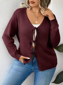 Calvaya 大码女式休闲简约落肩宽松前系带开衫，圣诞节，冬季勃艮第毛衣女式勃艮第毛衣 - 酒紅色 - 查看 7