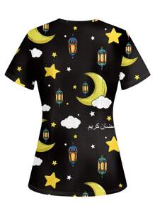 PopScrub Ramadan Star & Moon Pattern Women's Scrub Uniform Top - White - View 2