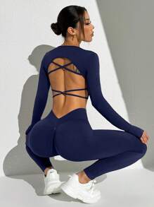 Easithlete Conjunto deportivo sin costuras de unicolor con espalda descubierta, manga larga y pantalones para mujer - Azul Marino - Ver 6