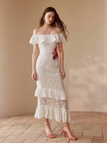 MOTF PREMIUM VESTIDO CON ESCOTE DESCUBIERTO DE HOMBROS Y ENCAJE DE CONTRASTE - Blanco - Ver 3
