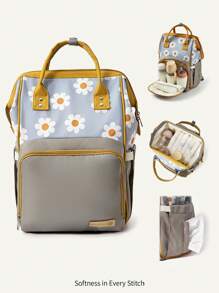 Cozy Pixies 1pc New Mom Bag Daisy Print Backpack, Spacious Multi-Function Maternity Nappy Bag For Outdoor Casual Wear - Multicolor - View 2
