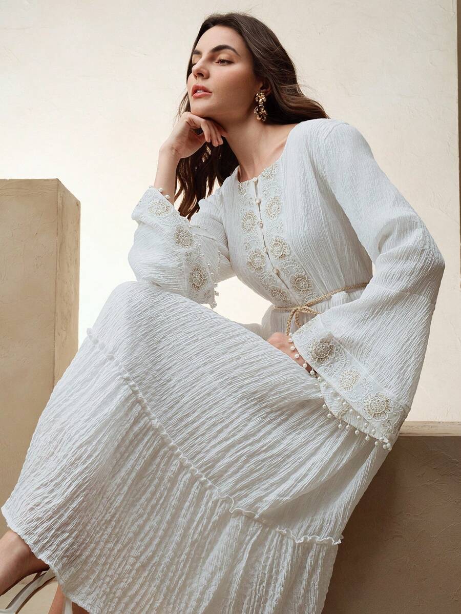 Elegant Mid-Length Dress For Women, Spring/Autumn - White - View 1