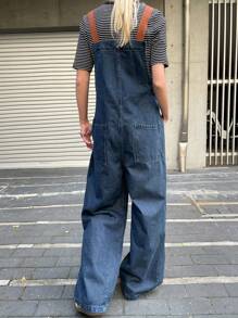FRIFUL Women's Casual Washed Loose Denim Bib Overalls - Blue - View 4