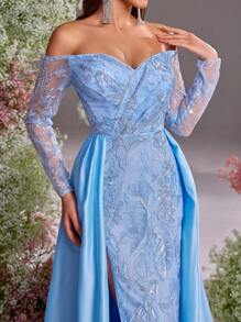Glamrae Elegant Light Blue Luxury Sequined Embroidered Off Shoulder Sheer Long Sleeve Mermaid Gown, Wedding Guest Dress With Side High Slit & Detachable Train, For Formal Evening, Party Dress - Baby Blue - View 2