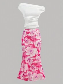 Girlism Conjunto de 2 piezas para adolescentes: Camiseta de punto con hombros oblicuos en rosa y blanco, y falda A-line de malla de punto floral en rosa, apropiado para vacaciones, fiestas, ceremonias de graduación y almuerzos