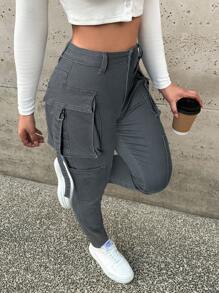 SHEIN EZwear 女士性感紧身弹力牛仔工装裤，蓝色 - 灰色 - 查看 3