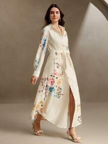 Anewsta Elegant Linen-Like Printed Tie Waist Floral Midi Dress, Spring Outfit For Women - Yellow - View 6
