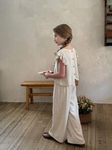 LMoss Kids LMoss 2 件套 Tween Girl 编织纯色圆领修身休闲衬衫和宽松长裤套装 - 米色 - 查看 4