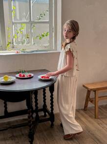 LMoss Kids LMoss 2 件套 Tween Girl 编织纯色圆领修身休闲衬衫和宽松长裤套装 - 米色 - 查看 7