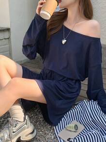 DAZY Women's Solid Color Loose Long Sleeve Off Shoulder Jumpsuit Summer Romper Lounge Sets For Women - Navy Blue - View 6
