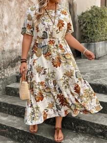 EMERY ROSE Plus Size Casual Vacation Random Tropical Plant Print Short Sleeve Dress - Multicolor - View 1