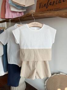 Vintaside Kids 2pcs Baby Boy Colorblock Round Neck Short Sleeve Top And Shorts Set, For Daily Wear - Apricot - View 4