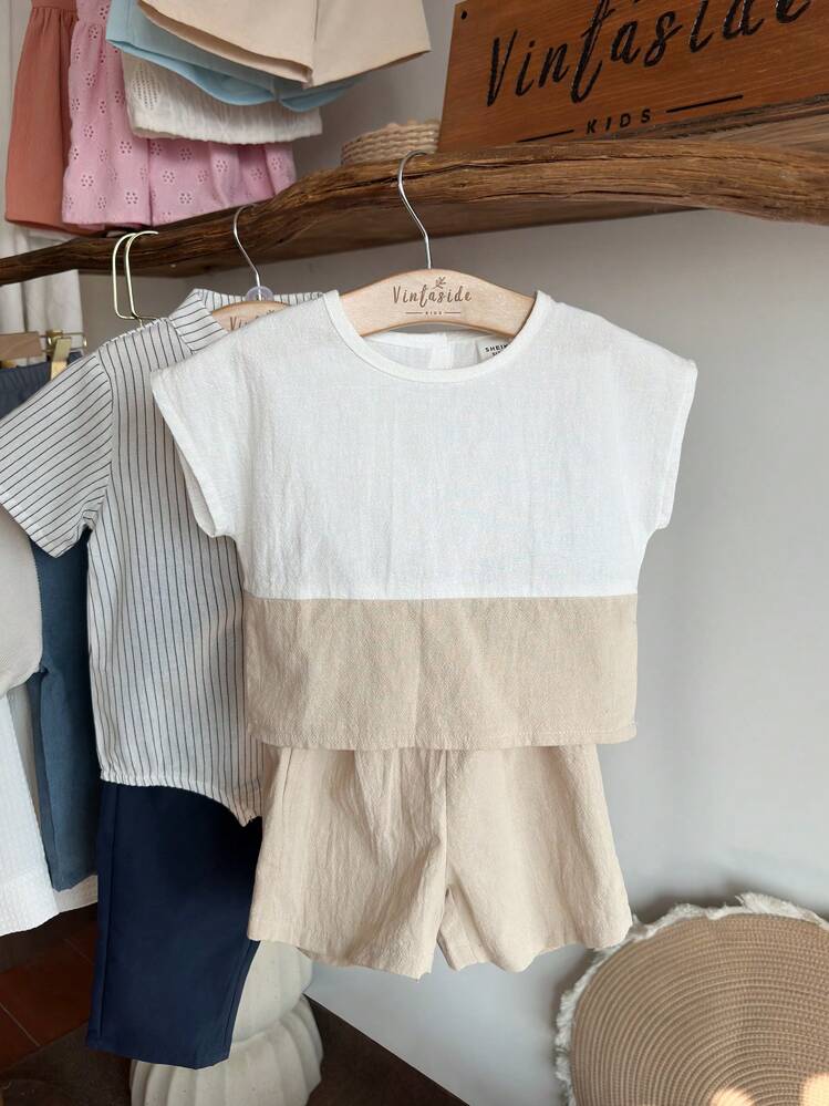 Vintaside Kids Set de 2 piezas de camiseta de manga corta de cuello redondo y pantalones cortos de color block para bebé niño, para uso diario - Albaricoque - Añade 4