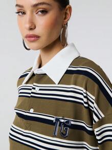SHEIN Unity 撞色POLO领针织条纹落肩宽松T恤 - 綠色 - 查看 6
