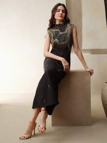 Anewsta Women's New Fashion Elegant Rhinestone Sleeveless Ball Gown Dress