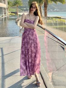 DAZY Women Floral Print Ruched Bandeau Midi Vacation Dress Summer Sundress